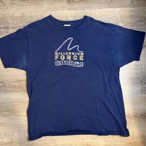 Vintage Cedar Point Millennium Force Roller Coaster T Shirt Navy Blue XL Cotton